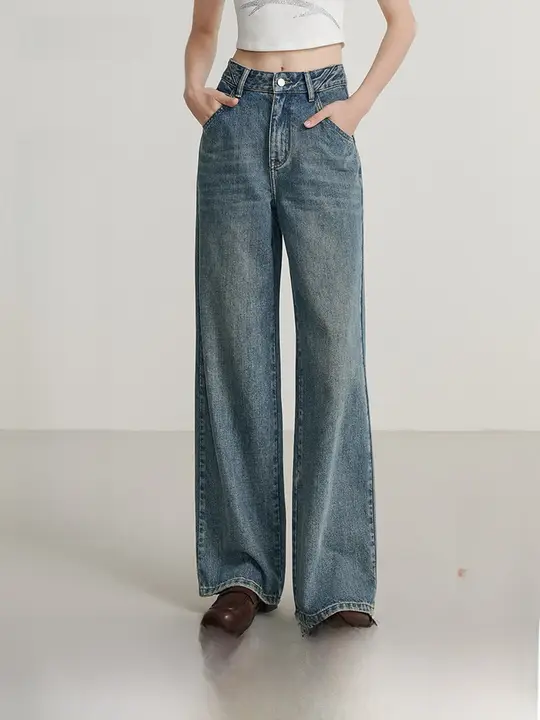 ブルーのハイウエストデニムパンツ【ストレート・アンティーク風・ルーズフィット・秋冬用】