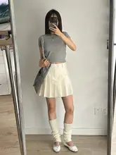 Vickyoung リブ編みドロップショルダー丸首Tシャツ【シンプル無地・春夏用・レディース】