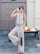 民族調プリントタンクトップとワイドパンツ【夏用・カジュアルスタイル・体型カバー】（セットアップ対応）