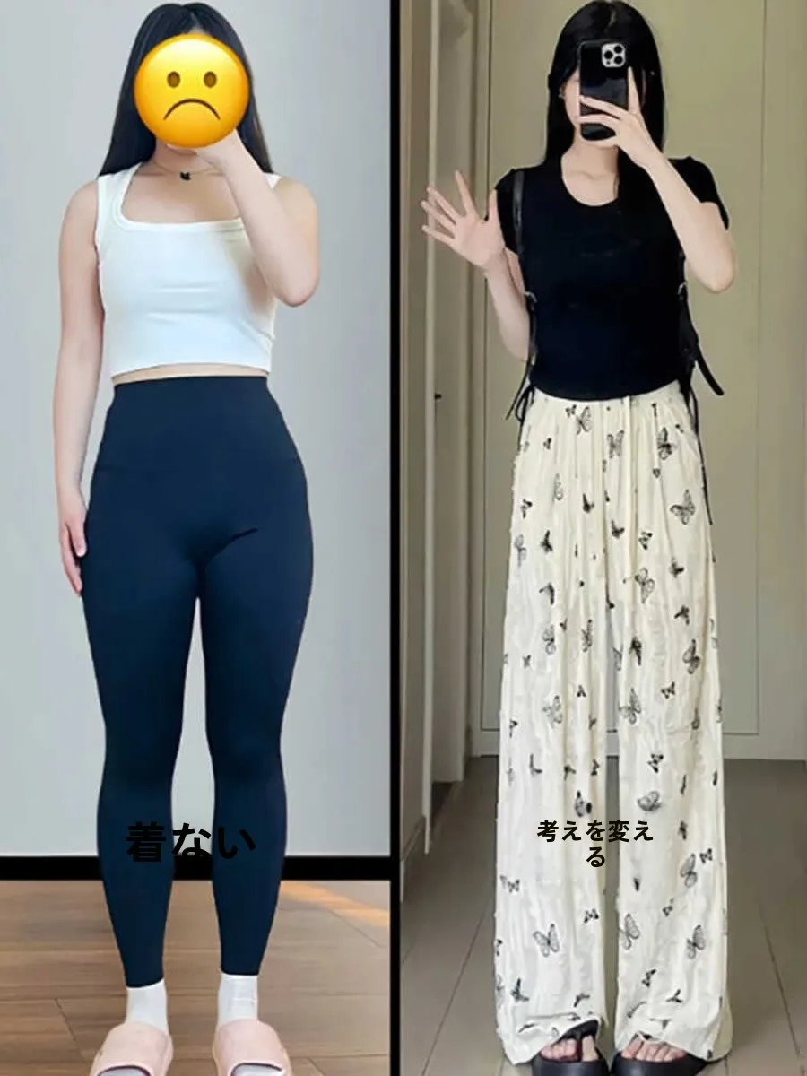 リボンデザインの蝶柄プリントワイドレッグパンツ：おしゃれな通勤スタイルと夏の日常に最適な選択