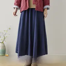 高品質の亜麻素材を使用した無地スカート【女性用・ロング・文芸復古風】