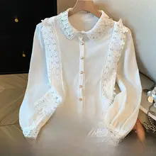 レース切り替えシャツ【長袖・春秋冬用・フレンチスタイル・ハイエンドデザイン】（セットアップ対応）