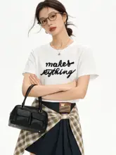 2点セット レディース 半袖Tシャツ レタープリント フェイクレイヤード チェック柄 スカート リボン 着痩せ カジュアル