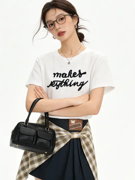 2点セット レディース 半袖Tシャツ レタープリント フェイクレイヤード チェック柄 スカート リボン 着痩せ カジュアル