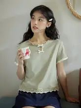 バタフライリボン付き カラーブロックデザインのラウンドネックTシャツ【木の葉型フリル・短袖】