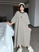 ストライプ柄 半袖コットンナイトドレス【夏用・ロング・大きいサイズ・マタニティ対応】