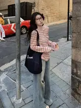 レディース秋用オフショルダーTシャツ【赤いストライプ・長袖・カジュアル】