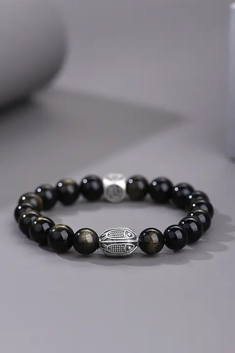 ブラックオニキスブレスレット【九百九十九純銀製・錦鯉デザイン・男性用】