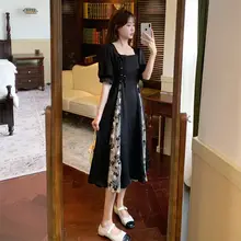 夏用フレンチスタイル大きいサイズのドレス【リボン付き・メッシュパネル・エレガント・ブラック】