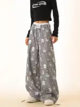 秋用カジュアルカートゥーンプリントワイドレッグパンツ【女性用・ボトムス・緩めのデザイン・ストレート・レイヤードスタイル対応】（セットアップ対応）