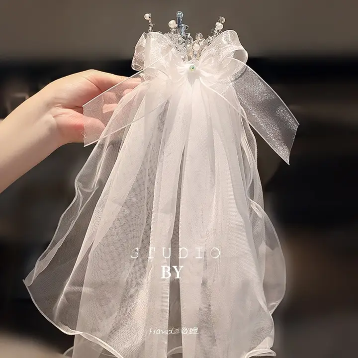 子供用夢幻の王冠ベール付きヘアクリップ【プリンセスデザイン・メッシュ・お誕生日やパフォーマンス用】