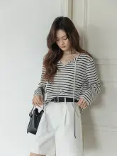 カラー切替ストライプ長袖Tシャツ【ゆったりシルエット・襟付き・防晒機能・女性用】