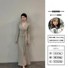 Vネックリボン付き長袖ニットワンピース【フィット感・エレガント・ロング丈】