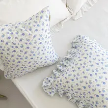ブルーローズデザインのフリルクッションカバー【全棉・ロマンティック・レトロ】