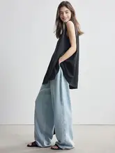 涼感のある天絲素材のワイドレッグデニムパンツ【夏用・低腰・ゆったりシルエット】