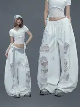 白色デザインパンツ【牛仔生地・貼布・破れ加工・ジャズスタイル・ダンス用】