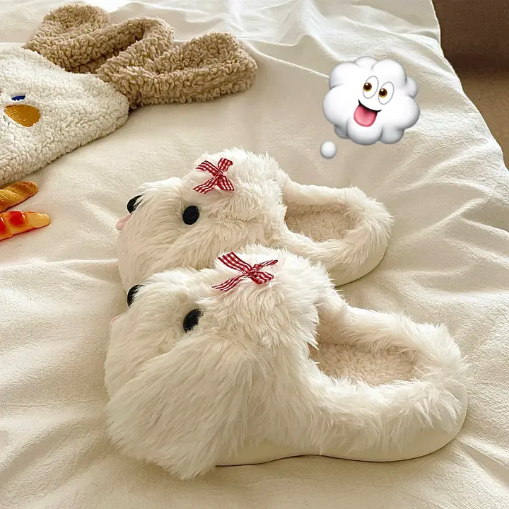 可愛い舌を出した犬デザインの厚底ふわふわスリッパ【冬用・暖かい・女性用】