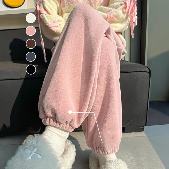 粉色のフリースジョギングパンツ【秋冬用・加毛・フィット・束脚デザイン】