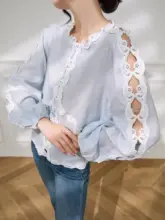 レースの透かしデザインが魅力的な夏用女性用ブラウス【オシャレでゆったり・フランス風】