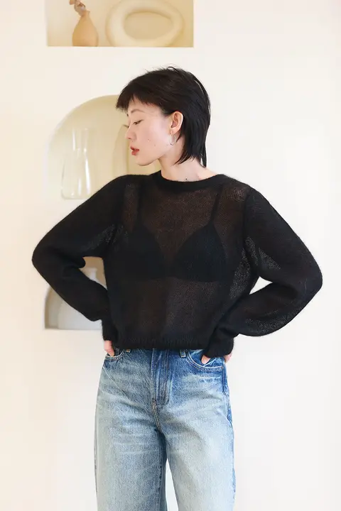 極上の柔らかさのウール混ニットトップス【ドロップショルダー・透かし編み・春用】（セットアップ対応）