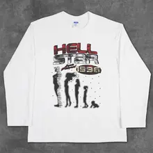 ユニークなデザインの長袖Tシャツ【オーバーサイズ・ヴィンテージスタイル・人間発展プリント】
