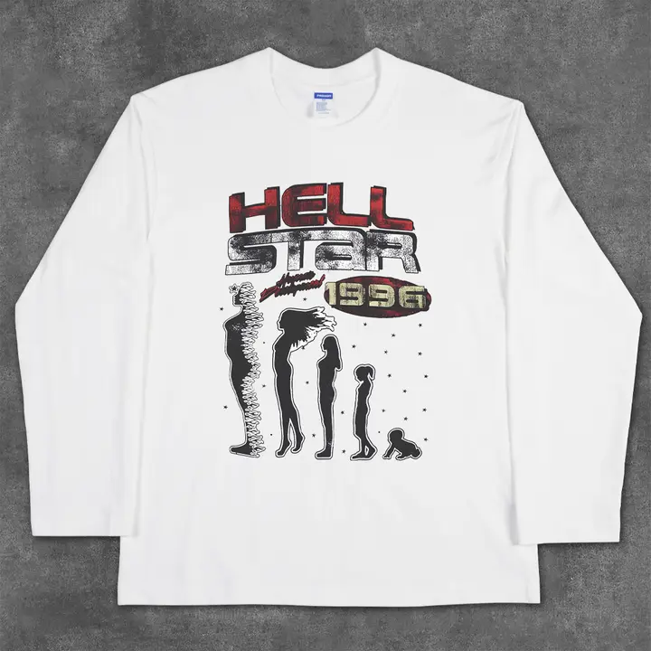 ユニークなデザインの長袖Tシャツ【オーバーサイズ・ヴィンテージスタイル・人間発展プリント】