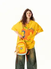 アメリカンビンテージ風 抽象リンゴプリント Tシャツ【夏用・ドロップショルダー・ルーズフィット】