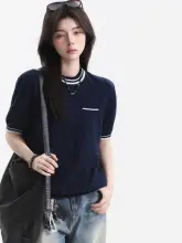 感のあるバイカラー ボーダー ニットTシャツ【レディース・夏用・短袖】