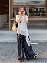 セットアップ 2点セット レディース メッシュトップス アシンメトリー プリントワイドパンツ 夏