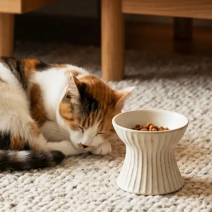 ヴィンテージ風の高脚ペットボウル【粗陶製・猫用・首を支えるデザイン・転倒防止】