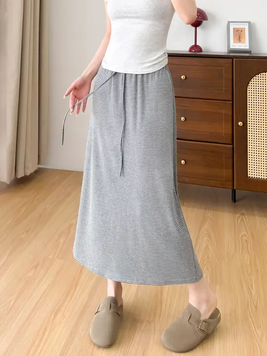 ミディスカート レディース 大きいサイズ ぽっちゃり グレー ヴィンテージ ストライプ ハイウエスト Aライン ゆったり ルーズ 秋