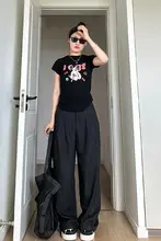 フィットな黒色ワイドレッグパンツ【大きいサイズ・ストレート・カジュアル】（セットアップ対応）
