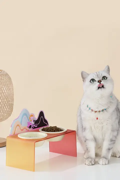 猫用陶器の食器と高脚アクリルスタンド【ひっくり返りにくい・水用・食器】（セットアップ対応）
