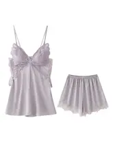 冷感シルクカップ付きセクシーキャミソールとショートパンツのカップル用パジャマセット【男女兼用・夏用】