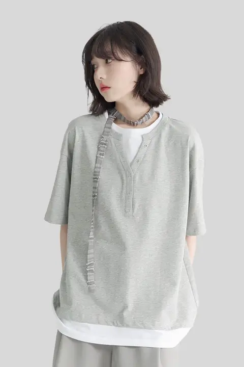 万有引力博物館風 二重構造デザインの半袖Tシャツ【ゆったりサイズ・綿素材・夏用】（セットアップ対応）