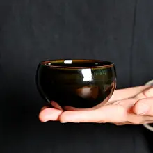 陶製黒色主人用茶碗【シンプルデザイン・紫のアクセント・功夫茶具】