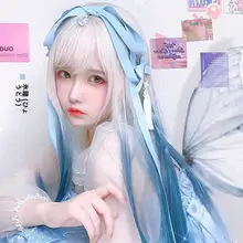 かわいいロリィタスタイルのグラデーションロングウィッグ【アイスブルー・フルカバーモデル】