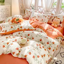 レトロな田園風デザインの小石榴柄全棉四点セット【ダブルサイズ・ベッドシーツ・布団カバー用】（セットアップ対応）