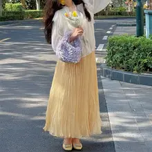 イエローカラープリーツAラインスカート【ウエストゴム・ロング丈・フィット】（セットアップ対応）