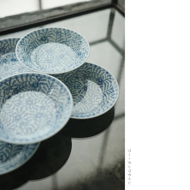 清物堂 手描き青花千葉模様の茶杯トレー【優雅なデザイン・陶器製】