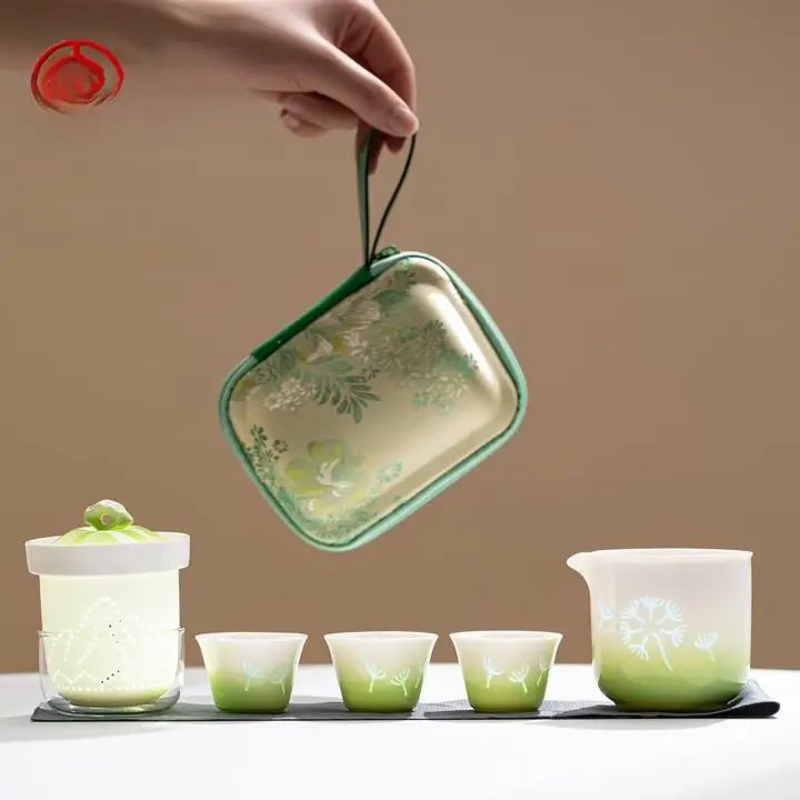 白瓷製 旅行用茶具【一壺三杯・便利な携帯タイプ】