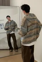 フード付き ニットカーディガン アメリカンスタイル ストリート ヴィンテージ 秋冬 着回し ルーズ カラーブロック 3つボタン 「Holocene」