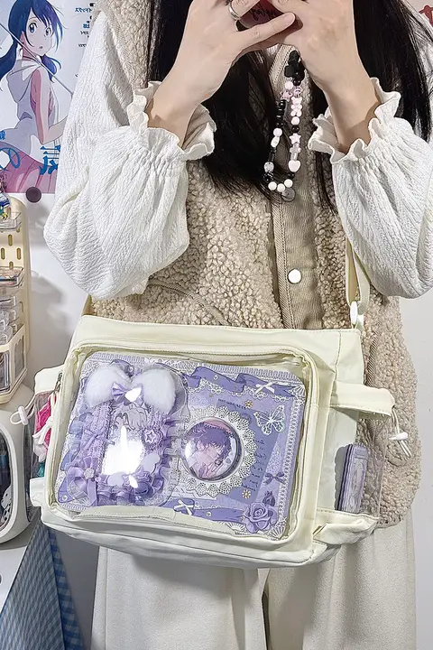透明なサイドポケット付き大容量の斜め掛けバッグ【二次元デザイン・日常用】