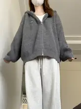 グレー フード付き ニットカーディガン【秋冬用・ルーズフィット・ジッパー付き】