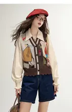 レトロフラワープリントニットポロシャツ【桃皮絨使用・フリース混・長袖】（セットアップ対応）