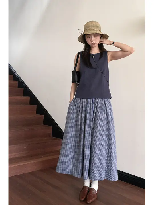 二重チェック柄Aラインスカート【ウエストゴム・コットン製・秋夏用】
