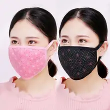 秋冬用ファッション女性用コットン厚手保温マスク【黒いプリント・防塵・防寒・防風・洗濯可能】