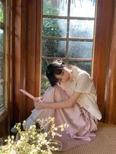 夏用短袖花柄立襟ブラウス【ピンク・リボン付き・女性用】