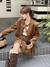 コーヒー色のレトロな美ラードスカート【秋用・ショートジャケット・プリーツスカート】（セットアップ対応）