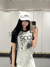 レトロ韓国風 カートゥーンデザインの短袖Tシャツ【スリムフィット・ラグランスリーブ・女性用】